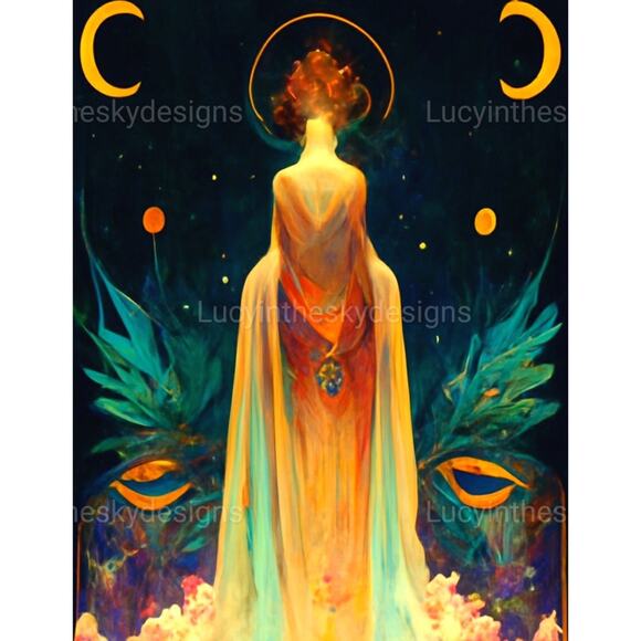 Art Print Goddess Moon Universe Vintage Paint Print Wall Decor Wisdom Sophia - Picture 2 of 4